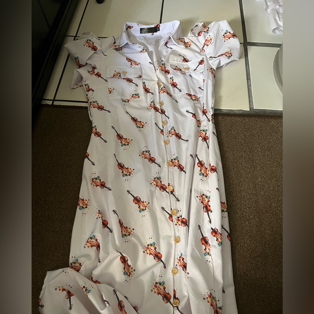 White Dress with Floral Violin Print